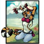  2019 anthro blue_eyes breasts clothed clothing detailed_background digital_media_(artwork) felid female feral kneeling mammal midriff navel pantherine smile solo tiger zenirix 