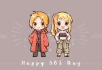  1boy 1girl :d ahoge arm_at_side bangs bare_arms bare_shoulders black_pants black_shirt blonde_hair blue_eyes blush blush_stickers boots braid chibi coat commentary edward_elric english_text eyes_visible_through_hair full_body fullmetal_alchemist grey_background grey_pants hand_on_hip hands_on_hips looking_at_viewer midriff navel number open_mouth pants red_coat shirt simple_background single_braid smile standing strapless text_focus tubetop winry_rockbell yellow_eyes yue_jiu 