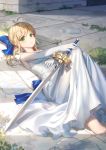  1girl antenna_hair artist_name artoria_pendragon_(all) bare_shoulders barefoot blonde_hair blue_bow blush bow breasts closed_mouth day dress eyebrows_visible_through_hair fate/stay_night fate_(series) green_eyes hair_bow hand_on_own_stomach holding holding_sword holding_weapon knees_up long_hair looking_at_viewer moss on_ground outdoors ponytail puddle roang saber sleeveless sleeveless_dress small_breasts solo sunlight sword weapon white_dress 