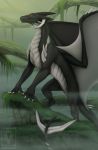  2019 ambiguous_gender black_scales claws digital_media_(artwork) dragon feral grass hi_res membranous_wings pinkdragonlove red_eyes scales scalie smile solo standing western_dragon wings 