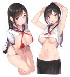  2girls armpits arms_behind_head arms_up bangs black_hair blush breasts cleavage closed_mouth criss-cross_halter crop_top crop_top_overhang halterneck large_breasts long_hair looking_at_viewer mole mole_on_armpits mole_on_breast mole_under_eye multiple_girls navel open_mouth original ponytail pop_kyun purple_eyes red_bikini_top red_neckwear sailor_collar shirt short_sleeves simple_background swept_bangs thighs underboob white_background white_shirt 