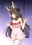  1girl animal_ear_fluff animal_ears azur_lane black_hair bra bra_pull breasts camisole choker cleavage commentary_request fox_ears long_hair lowleg lowleg_panties mask mask_on_head nagato_(azur_lane) navel off_shoulder panties pulled_by_self red_bra red_panties see-through side-tie_panties small_breasts smile solo thighhighs underwear underwear_only white_legwear yellow_eyes yozuki_shokora 