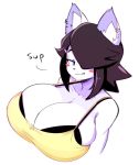  2019 anthro big_breasts black_hair blue_eyes blush blush_stickers breasts bust_portrait canid canine canis cleavage clothed clothing dialogue domestic_dog ear_piercing english_text female hair hair_over_eye huge_breasts inner_ear_fluff looking_at_viewer maggie_applebee mammal piercing portrait short_hair simple_background smile solo text theycallhimcake white_background 