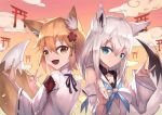  2girls :d absurdres ahoge animal_ear_fluff animal_ears blue_eyes brown_eyes brown_hair closed_mouth cloud commentary_request crossover detached_sleeves double_fox_shadow_puppet fang flower fox_ears fox_girl fox_shadow_puppet fox_tail hair_flower hair_ornament highres hololive japanese_clothes kimono long_hair long_sleeves looking_at_viewer looking_to_the_side masaki_(msk064) multiple_girls open_mouth red_flower ribbon-trimmed_sleeves ribbon_trim senko_(sewayaki_kitsune_no_senko-san) sewayaki_kitsune_no_senko-san shirakami_fubuki shirt silver_hair sleeveless sleeveless_shirt smile tail tail_raised torii upper_body very_long_hair virtual_youtuber white_kimono white_shirt wide_sleeves 