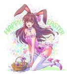  1girl absurdres animal_ears bow brown_eyes brown_hair bunny_ears bunny_girl bunny_tail detached_collar easter easter_egg egg garters hair_bow high_heels highres iesupa leotard long_hair rwby solo tail thighhighs velvet_scarlatina 