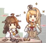  2girls ahoge bauxite blonde_hair blush_stickers braid brown_hair commentary crown cup double_bun dress drum_(container) eating edwin_(cyberdark_impacts) flower french_braid hairband headgear highres kantai_collection kongou_(kantai_collection) long_hair long_sleeves mini_crown multiple_girls off-shoulder_dress off_shoulder red_flower red_ribbon red_rose remodel_(kantai_collection) ribbon ribbon-trimmed_sleeves ribbon_trim rose simple_background solid_oval_eyes sparkle table teacup warspite_(kantai_collection) white_background white_dress 