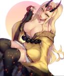  1girl :d bare_shoulders belt black_legwear blonde_hair breasts cleavage facial_hair fate/grand_order fate_(series) highres horns ibaraki_douji_(fate/grand_order) japanese_clothes kimono large_breasts long_hair looking_at_viewer off_shoulder older oni oni_horns open_mouth pointy_ears ponytail satou_daiji simple_background sitting smile solo tattoo thighhighs tongue tongue_out yellow_eyes 