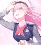  1girl beret darling_in_the_franxx eyebrows_visible_through_hair green_eyes hand_holding hat long_hair long_sleeves looking_away looking_up military military_uniform open_mouth pink_background pink_hair smile solo_focus teeth toma_(norishio) twitter_username uniform white_headwear zero_two_(darling_in_the_franxx) 