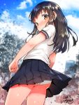  1girl ass black_sailor_collar black_skirt blue_sky blurry blurry_background blush brown_eyes brown_hair closed_mouth cloud cloudy_sky commentary_request dated day depth_of_field ichihaya long_hair looking_at_viewer looking_back original outdoors panties pleated_skirt sailor_collar school_uniform serafuku shirt short_sleeves signature skirt sky solo tears tree underwear white_panties white_shirt 