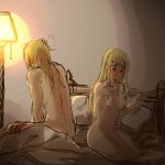  1boy 1girl automail backlighting bed bed_sheet bite_mark blonde_hair blue_eyes blush breasts couple edward_elric embarrassed eyebrows_visible_through_hair facing_away fingernails full-face_blush fullmetal_alchemist hand_on_own_chest hand_on_own_head hetero indoors lamp long_hair looking_away medium_breasts nervous nipples nude on_bed open_mouth pillow scratches seiza sitting tsukuda0310 v-shaped_eyebrows winry_rockbell 