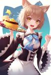  1girl animal_ears apron blue_bow bow brown_hair cat_ears dessert food h2o_(dfo) hair_ornament hairclip hand_up highres holding holding_tray light_brown_hair looking_at_viewer macaron maid open_mouth original pocky pudding short_hair simple_background solo standing tray waitress white_background wide_sleeves 