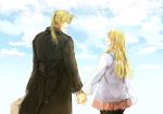  1boy 1girl 2019 :d ^_^ arm_at_side blonde_hair blue_sky blush brown_coat closed_eyes cloud cloudy_sky coat couple dated day earrings edward_elric eyes_closed fullmetal_alchemist hand_holding happy height_difference hetero jacket jewelry looking_at_another open_mouth outdoors pink_shirt ponytail profile shirt sky smile suitcase tsukuda0310 upper_body white_jacket winry_rockbell yellow_eyes 