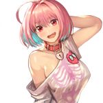 1girl :d ahoge arm_behind_head arm_up bangs blue_hair breasts collar collarbone commentary_request eyebrows_visible_through_hair head_tilt heart highres idolmaster idolmaster_cinderella_girls large_breasts lock looking_at_viewer multicolored_hair off_shoulder open_mouth padlock pink_hair print_shirt red_eyes shirt short_sleeves simple_background single_bare_shoulder skeleton_print smile solo sookmo two-tone_hair upper_body white_background white_shirt yumemi_riamu 
