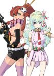  +_+ 2girls anti-materiel_rifle ass back bare_shoulders belt bikini_top blue_eyes blue_hair breasts chopsticks cloud_hair commentary_request dimples_of_venus dress fingerless_gloves gloves gun hair_ornament hand_on_hip highres large_breasts long_hair looking_at_viewer multiple_girls nia_teppelin o_sho open_mouth ponytail red_hair rifle scarf short_shorts shorts sideboob simple_background skirt skull_hair_ornament small_breasts smile sniper_rifle standing symbol-shaped_pupils tengen_toppa_gurren_lagann thighhighs very_long_hair weapon white_background yellow_eyes yoko_littner 