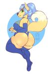  anthro arm_warmers armwear big_butt breasts butt canid canine clothed clothing female legwear looking_back mammal seamen slightly_chubby smile solo thick_thighs thigh_highs tight_clothing 