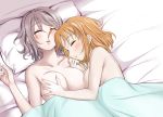  2girls ahoge asymmetrical_docking bangs bed_sheet blanket blush breast_grab breast_press breasts cleavage collarbone eyebrows_visible_through_hair eyes_closed from_above grabbing love_live! love_live!_sunshine!! lying medium_breasts multiple_girls nude on_back on_bed on_side orange_hair parted_lips pillow short_hair silver_hair sleeping suzume_miku swept_bangs takami_chika under_covers upper_body watanabe_you yuri 
