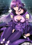  1girl bangs barefoot between_legs bodysuit breasts cameltoe cape checkered checkered_floor choker cleavage collarbone fate/grand_order fate_(series) fur_collar fur_trim hand_between_legs highres long_hair looking_up nonohachi parted_lips purple_eyes purple_hair scathach_(fate)_(all) scathach_(fate/grand_order) sitting skin_tight solo thigh_gap wariza wind 