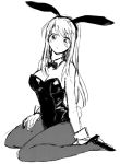  1girl animal_ears arms_at_sides black_footwear black_legwear black_leotard blush breasts bunny_ears bunny_tail bunnysuit cleavage expressionless eyebrows_visible_through_hair fingernails full_body fullmetal_alchemist greyscale leotard long_hair looking_away medium_breasts monochrome pantyhose seiza simple_background sitting solo tail tsukuda0310 white_background winry_rockbell wrist_cuffs 