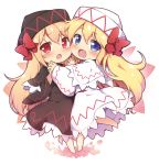  2girls :d :o baku-p bangs barefoot black_cape black_dress black_headwear blonde_hair blue_eyes blush bow cape capelet commentary_request dress eyebrows_visible_through_hair hair_between_eyes hair_bow hat highres lily_black lily_white long_hair looking_at_viewer multiple_girls open_mouth petals red_bow red_eyes smile touhou very_long_hair white_background white_capelet white_dress white_headwear 