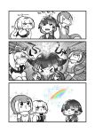  3girls :3 animal_ears anteater_ears anteater_tail bangs blowhole blush bow bowtie center_frills choker comic elbow_gloves eyebrows_visible_through_hair eyes_closed fingerless_gloves frilled_swimsuit frills fur_collar gloves greyscale hair_bow highres kemono_friends kotobuki_(tiny_life) long_sleeves monochrome multiple_girls narwhal_(kemono_friends) nose_blush nose_drip one-piece_swimsuit otter_ears otter_tail puffy_short_sleeves puffy_sleeves rainbow sailor_collar short_hair short_hair_with_long_locks short_sleeves shorts silky_anteater_(kemono_friends) small-clawed_otter_(kemono_friends) sneezing sparkle spot_color sweatdrop swimsuit tail translation_request 