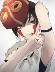  1girl absurdres bare_arms brown_eyes brown_hair commentary_request earrings facepaint facial_mark fur headband highres jewelry mask mononoke_hime necklace san short_hair simple_background solo studio_ghibli tooth_necklace 