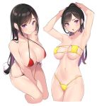  2girls :o armpits arms_up bangs bare_arms bare_shoulders between_legs bikini black_hair blush breasts cleavage collarbone criss-cross_halter cropped_legs eyepatch_bikini groin halterneck highleg highleg_bikini large_breasts long_hair looking_at_viewer medium_breasts mole mole_on_armpits mole_on_breast mole_under_eye multiple_girls navel open_mouth original ponytail pop_kyun purple_eyes red_bikini sidelocks simple_background sitting standing swimsuit thighs white_background yellow_bikini 