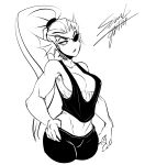  2018 absurd_res black_and_white breasts cleavage clothed clothing collarbone crop_top ear_fins ear_frills eye_patch eyelashes eyewear fangs female fin fish frill front_view gills hair hair_tie hand_on_hip hi_res humanoid long_hair looking_aside low-riding marine medium_breasts monochrome muscular muscular_female nipple_outline pants ponytail sem-l-grim sharp_teeth shirt side_boob signature sketch slit_pupils tank_top teeth thumb_in_pants topwear under_boob undertale undyne video_games yoga_pants 