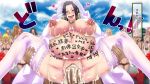  1boy black_hair blue_eyes blush boa_hancock body_writing breasts bukkake cloud cum heart huge_breasts lactation long_hair looking_at_viewer mikanberry nipples one_piece penis silly_fucked sky smile tagme tongue translation_request 