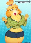  2019 absurd_res animal_crossing anthro big_breasts black_nose blonde_hair body_slider breast_expansion breasts buckteeth button_(fastener) button_pop canid canine canis cleavage clothed clothing domestic_dog female floppy_ears fully_clothed fur hair hair_ornament hi_res hotkeke1 huge_breasts isabelle_(animal_crossing) mammal navel nintendo open_mouth shih_tzu solo surprise teeth toy_dog video_games voluptuous wardrobe_malfunction wide_hips 