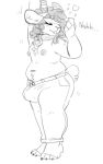  2018 anthro areola belly bovid bulge caprine chest_tuft clothed clothing collar curly_hair eyes_closed fawster_(slendid) floppy_ears fur goat greyscale hair horn male mammal monochrome navel nipples open_mouth pants partially_clothed raised_arm sketch slendid slightly_chubby solo standing stretching thick_thighs tired topless tuft yawn 