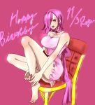  1girl aqua_eyes bare_arms bare_shoulders blue_eyes breasts chair feet female hair_over_one_eye large_breasts legs lipstick makeup one_piece peek-a-boo_bang pink_hair red_lips short_hair sitting sitting_on_chair solo tattoo thighs vinsmoke_family vinsmoke_reiju 