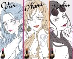  3girls 40_nag_sa black_hair blue_hair earrings female glasses_on_head glasses_removed jewelry lipstick lipstick_tube long_hair makeup megane multiple_girls nami_(one_piece) nefertari_vivi nico_robin one_piece orange_hair piercing red_lips smile sunglasses tattoo trio 