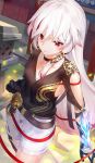  1girl alternate_costume bangs belt black_shirt blush breasts clenched_hand closed_mouth dragon_print eyebrows_visible_through_hair fu_hua gloves hair_between_eyes hair_ornament honkai_(series) honkai_impact_3 kfr long_hair looking_at_viewer medium_breasts multiple_belts red_hair shirt short_shorts shorts silver_hair small_breasts solo white_shorts 