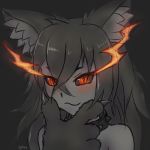  2019 absurd_res animal_humanoid black_fur black_hair blush breasts canid canid_humanoid canine canine_humanoid claws collar demon digital_media_(artwork) female fire fluffy fur hair hellhound hellhound_(mge) hi_res humanoid inner_ear_fluff klifflod long_hair looking_at_viewer mammal monster_girl monster_girl_(genre) monster_girl_encyclopedia orange_eyes portrait red_eyes signature simple_background smile solo thinking 