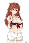  1girl :d absurdres alternate_hair_length alternate_hairstyle bikini_top breasts brown_eyes brown_hair cleavage grin hairband headband highres kantai_collection long_hair looking_at_viewer medium_breasts navel neve open_mouth remodel_(kantai_collection) shiratsuyu_(kantai_collection) shorts smile solo standing wristband 