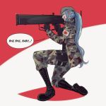  1girl blue_hair boots female gloves gun hat holding holding_gun holding_weapon knee_boots long_hair military military_hat military_uniform millorart nefertari_vivi one_eye_closed one_piece ponytail shoes solo tied_hair uniform weapon 