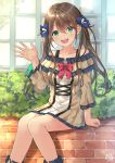  1girl :d bangs bare_shoulders blue_ribbon blush boots bow brick_wall brown_dress brown_hair collarbone commentary_request day dress eyebrows_visible_through_hair green_eyes hair_between_eyes hair_ribbon hand_up head_tilt hedge_(plant) highres long_hair long_sleeves miko_fly off-shoulder_dress off_shoulder open_mouth original outdoors pleated_dress red_bow reflection ribbon sidelocks signature sitting smile solo twintails window 