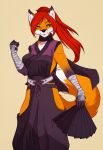  2017 5_fingers aeril_(helios) anthro arm_wraps biped black_eyebrows black_fur black_markings black_nose canid canine clothed clothing digital_media_(artwork) dipstick_tail eyebrows facial_markings female folding_fan fox front_view fully_clothed fur hair hairpin hand_fan holding_object japanese_clothing long_hair looking_at_viewer mammal markings multicolored_fur multicolored_tail orange_fur orange_tail ponytail portrait red_hair satoriushiro simple_background solo standing tan_background three-quarter_portrait two_tone_tail whiskers white_fur white_tail wraps yellow_eyes 