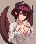  1girl blush bra breasts cleavage collarbone commentary_request dragon_girl dragon_horns dragon_wings granblue_fantasy grea_(shingeki_no_bahamut) head_tilt horns looking_at_viewer manaria_friends moppo pink_bra pointy_ears purple_eyes purple_hair shirt short_hair solo underwear undressing upper_body white_shirt wings 