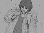  1boy backpack bag character_request closed_mouth dutch_angle gin_to_kin grey_background greyscale hands_up highres jacket long_sleeves male_focus monochrome shirt short_hair simple_background sketch solo standing sunaxet upper_body 