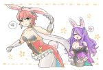  2girls animal_ears black_gloves breasts bunny_ears bunny_tail camilla_(fire_emblem_if) choker cleavage closed_mouth eyes_closed fake_animal_ears fake_tail fire_emblem fire_emblem_heroes fire_emblem_if flyer_27 frilled_choker frills gloves hair_over_one_eye heart hinoka_(fire_emblem_if) large_breasts leotard long_hair multiple_girls nintendo open_mouth own_hands_together purple_hair red_hair short_hair small_breasts spoken_heart tail white_gloves white_legwear 