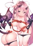  1girl ahoge ass bangs black_gloves black_panties blush bow breasts butt_crack cisyo collarbone commentary_request covering covering_breasts demon_girl demon_horns demon_tail demon_wings elbow_gloves eyebrows_visible_through_hair fang gloves groin hair_between_eyes hair_ornament heart heart_maebari highres holding horns large_breasts long_hair looking_at_viewer maebari multiple_views naked_ribbon navel open_mouth original panties panty_pull pink_hair purple_eyes red_bow red_ribbon ribbon simple_background skindentation smile solo spoken_heart standing succubus tail underwear undressing white_background wings 