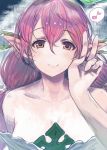  1girl bare_shoulders blush breasts cleavage collarbone eyebrows_visible_through_hair granblue_fantasy hair_between_eyes kaqo leaf long_hair looking_at_viewer medium_breasts musical_note orange_eyes outdoors pink_hair plant_girl pointy_ears smile solo spoken_musical_note twintails upper_body v yggdrasil_(granblue_fantasy) 