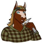  2017 5_fingers alpha_channel anthro black_eyebrows blonde_hair blue_eyes brown_fur bust_portrait chev_(helios) clothed clothing digital_media_(artwork) equid equine eyebrows flannel front_view fur hair hammer holding_object holding_tool horse humanoid_hands long_hair looking_at_viewer male mammal multicolored_fur porin portrait raised_eyebrow shirt simple_background solo sweatband tools transparent_background two_tone_fur white_fur 