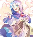  1girl :d antenna_hair bangs blue_capelet blue_eyes blue_hair blush capelet center_frills clenched_hands commentary_request cowboy_shot dress eyebrows_visible_through_hair hands_up highres hood hooded_capelet kumoi_ichirin long_sleeves looking_at_viewer misha_(hoongju) open_mouth short_hair smile solo touhou unzan waist_cape white_background white_dress wide_sleeves 