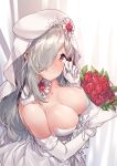  1girl alternate_costume aningay bouquet breasts bride collarbone commentary dress elbow_gloves flower g36c_(girls_frontline) girls_frontline gloves hair_over_one_eye highres holding holding_bouquet large_breasts long_hair looking_at_viewer red_eyes solo wedding_dress white_dress white_gloves white_hair 
