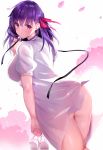  1girl ass bangs blue_gk blush breasts commentary_request dress fate/stay_night fate_(series) footwear_removed hair_between_eyes hair_ribbon highres large_breasts long_hair looking_at_viewer looking_back matou_sakura parted_lips petals purple_eyes purple_hair ribbon simple_background slippers solo thighs white_background white_dress wind wind_lift 