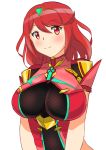  1girl absurdres armor bangs breasts gem hair_ornament headpiece highres homura_(xenoblade_2) jewelry large_breasts nintendo red_eyes red_hair short_hair simple_background smile solo swept_bangs theakingu tiara white_background xenoblade_(series) xenoblade_2 