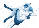  2019 anthro blue_fur blue_hair blush breasts claws dragon female fur furred_dragon green_eyes hair hi_res horn looking_at_viewer lying nipples nude on_back solo white_fur xan_(pixiv) 
