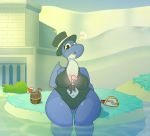  5_fingers ? anthro beverage big_breasts blue_skin blush breasts building clothing dorrie eyewear goggles hat hi_res iguanasarecool long_neck marine mario_bros moon nintendo outside plesiosaur power_moon reptile scalie swimsuit top_hat video_games water wet 